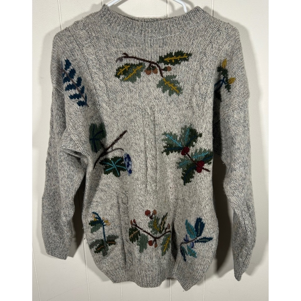 Vintage Eddie Bauer Embroidered Wool Blend Cable Knit Sweater Gray Mens Small